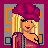 Pixel art contact sheet of an animated blonde character in various poses with text fragments, set against a geometric background pattern.