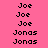 Pixelated text displays 'Joe' and 'Jonas' on a pink background with yellow highlight bars, showing animation changes in highlighted