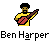 Pixel art of a person with dark hair and beard wearing a yellow shirt, holding a red and brown guitar against a gray background with text below.