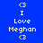 Blue background with white text and symbols arranged in a pattern, featuring repeated 'I Love Meghan' phrases and '<3' heart icons