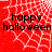 Red background with white spiderweb pattern and black text reading 'happy halloween' in two lines.
