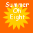 Four identical pixelated sun icons with orange background and white text "Summer On Eight" arranged in a