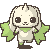 Pixel art character with light gray fur, large black eyes, and green leaf-like wings in six sequential poses showing subtle movement.