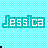 Pixelated cyan background with repeated 'Jessica' text in white block letters on teal rectangles, black dots and gray shape visible.