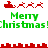 Pixelated red Santa sleigh with reindeer and green 'Merry Christmas!' text on white background, with red decorative borders.