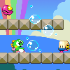 Pixel art scene with two characters on separate platforms, floating bubbles, and a rainbow background.