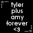 Black background with white pixelated text reading 'tyler plus amy forever <3' surrounded by star and dot patterns in two