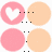 Pixelated pink and peach circular icons with heart symbols, text fragments, and dotted lines on a white background.