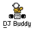 Four 50x50 pixel animated frames of a yellow stick figure DJ character with headphones, shown in different poses above a turntable interface and "DJ Buddy" text.