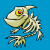 A 5-frame animated contact sheet showing a skeletal fish-like creature with yellow eyes and red pupils against a blue background, displayed in a 3x2 grid layout with one gray transparency placeholder.