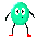 Six pixelated green oval figures with white eyes and red feet in various poses against a gray background.