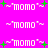 Pixelated pink background with repeated white "momo" text and green plus signs in various positions