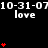 Animated sequence of red hearts and repeated text on a black background with gray corner element.