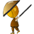Pixelated character with large yellow head, brown outfit, and conical hat holding black-and-white striped staff against gray background.