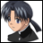 Pixelated anime-style character with dark blue hair in a side ponytail, wearing a black uniform with white collar, against white background.