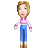 Pixelated character with blonde hair, pink and white striped top, blue pants, and brown shoes against gray background.