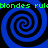 Four blue spiral patterns with black outlines on a dark background, green text reading "blondes rule" repeated horizontally across top and bottom.