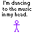 Purple stick figure dances beneath repeated text 'I'm dancing to the music in my head.' on white background.