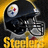 A pixelated image of a black football helmet with silver face mask and yellow text reading "Steelers" below it against a gradient background.