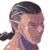 Pixelated static image of a character with short dark hair tied in a low ponytail, wearing a blue sleeveless top against a white background.