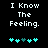 Black background with white pixelated text "I Know The Feeling." and five cyan puzzle-piece icons below, two of which shift position between frames.