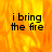 Pixelated text 'i bring the fire' on a fiery orange-yellow background with a gray rectangular section on the right.