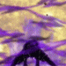 Animated sequence of a dark silhouette figure against a purple and gold wavy background, showing posture changes from crouched to standing to bending forward.