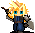 Pixel art character with spiky blonde hair, blue eyes, and a dark blue outfit holding a bow, shown in two poses against gray background.