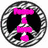 Circular icon with black and white checkered border containing a pink and white peace symbol on solid black background.