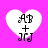 Four white heart-shaped icons on a bright pink background, each containing black text 'AB + JJ' with decorative flourishes.