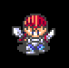 Pixel art character with red-and-orange striped helmet, blue-and-white checkered armor, and blue pants holding two white swords against black background.