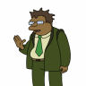 Pixelated cartoon character with brown skin, spiky brown hair, and light blue eyeglasses, wearing a green suit, white shirt, green tie, and brown belt, standing with right hand raised in a wave.
