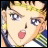Pixelated anime-style character with blonde hair and blue eyes, mouth open in surprise, wearing a striped scarf and blue garment against black background.