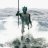 Pixelated figure holding a long vertical object against a light background with horizontal bands.