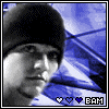 nine identical frames showing a person in a black beanie against a blue geometric background with 'BAM' text and heart icons
