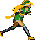 Pixelated character with long yellow hair in green outfit running across gray background, showing motion progression through