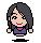 Pixel art avatar of a character with dark gray hair, pink top, and purple shirt showing two expressions side-by-side.