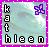 Pixelated icon with purple border, light blue background, vertical text 'kathleen' on left, and small purple flower symbol in top-right corner.