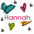Pixelated icon set with four heart-shaped icons and a name in pink text, surrounded by small gray pixel clusters on white background.