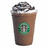 Pixelated image of a Starbucks drink with whipped cream and chocolate drizzle, surrounded by brown text elements on white background.
