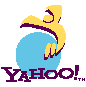 Yellow bird with purple outline perched on blue sphere, text below reads 'YAHOO! TM' in dark purple letters.
