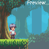 Pixel art scene showing a character with gray hair and striped shirt standing on grassy terrain under trees, with 'Preview...' text in top-right corner.