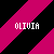 Pixelated text 'OLIVIA' appears on a black and magenta diagonal striped background in two identical