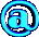 A contact sheet of five animated frames showing a blue @ symbol icon rotating in 3D space with varying lighting and perspective effects.