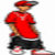 A pixelated animated contact sheet showing two frames of a character in red clothing and a black background with bold red text.