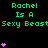 Green text "Rachel Is A Sexy Beast" repeats across a black background with pink heart symbols in varying quantities and positions.