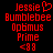 Red pixelated text on black background with 'Jessie' and 'Bumblebee' stacked above 'Optimus Prime' and '<38' symbols, one version featuring a heart symbol next to 'Jessie'.