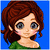 Pixelated cartoon-style icon of a person with brown hair, blue eyes, and pink cheeks against solid blue background wearing green top.