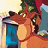 Pixelated cartoon-style icon of a dog-like character with brown fur, wearing blue pants and a red cap, holding an object against a light background.
