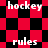 Pixelated red and black checkered background with white text 'hockey' and 'rules' in multiple positions across the